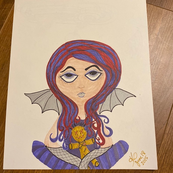 Unframed Original Art Batwinged Goth Girl w Voodoo Doll Cartoon Portrait - Picture 1 of 3